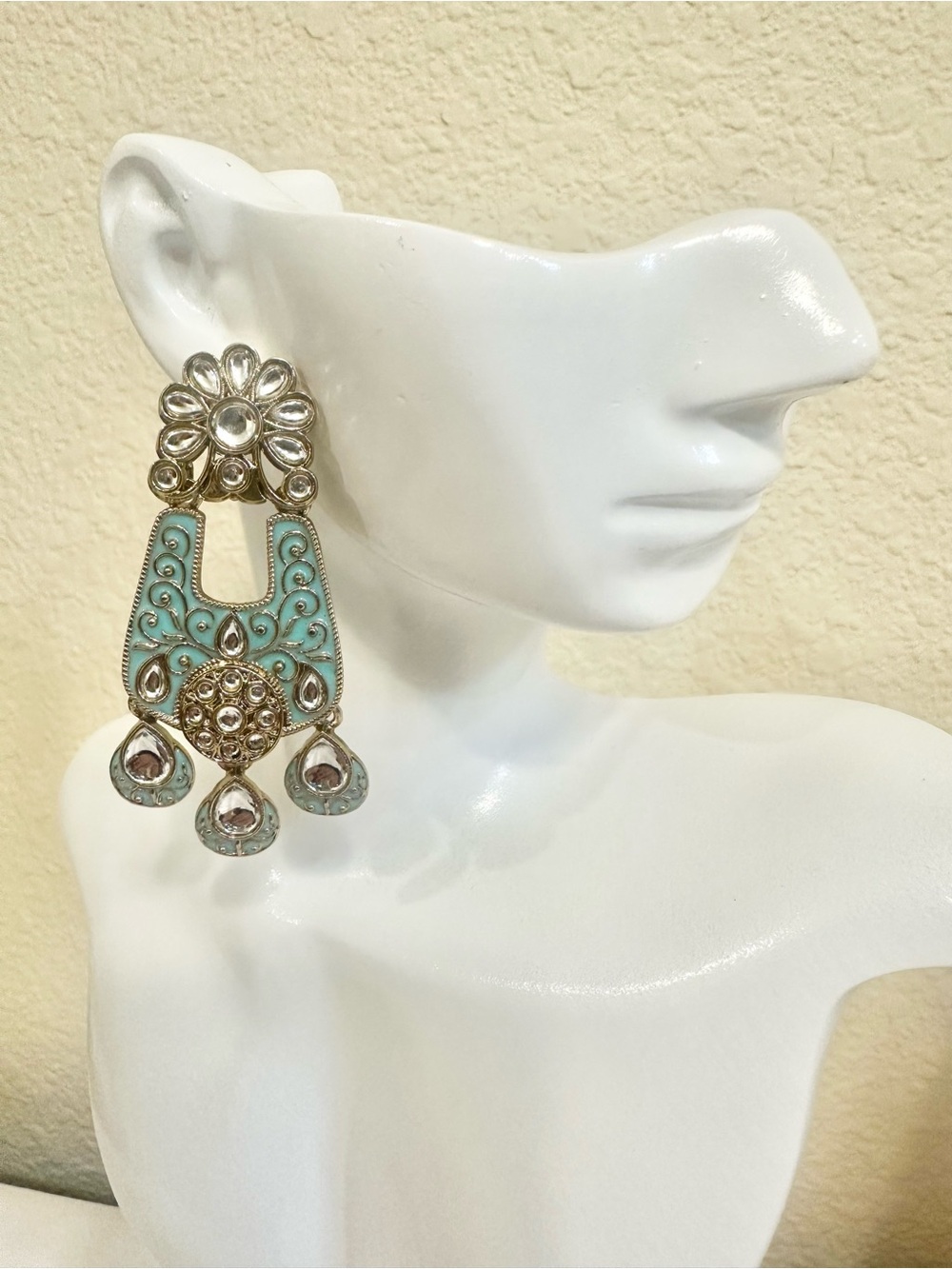 Gold Plated Soft Turquoise Filigree Drop Earrings w/ Crystal Accents